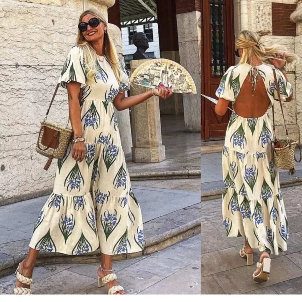 ZARA WOMANS ECRU FLORAL PRINTED LINEN COTTON BLEN MIDI DRESS Sz M